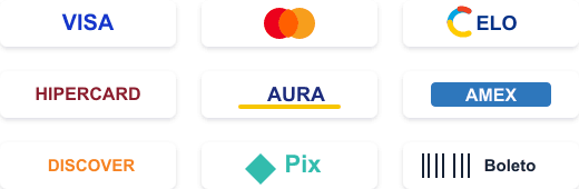 Visa, Mastercard, Elo, Hipercard, Aura, Amex, Discover, Pix e Boleto